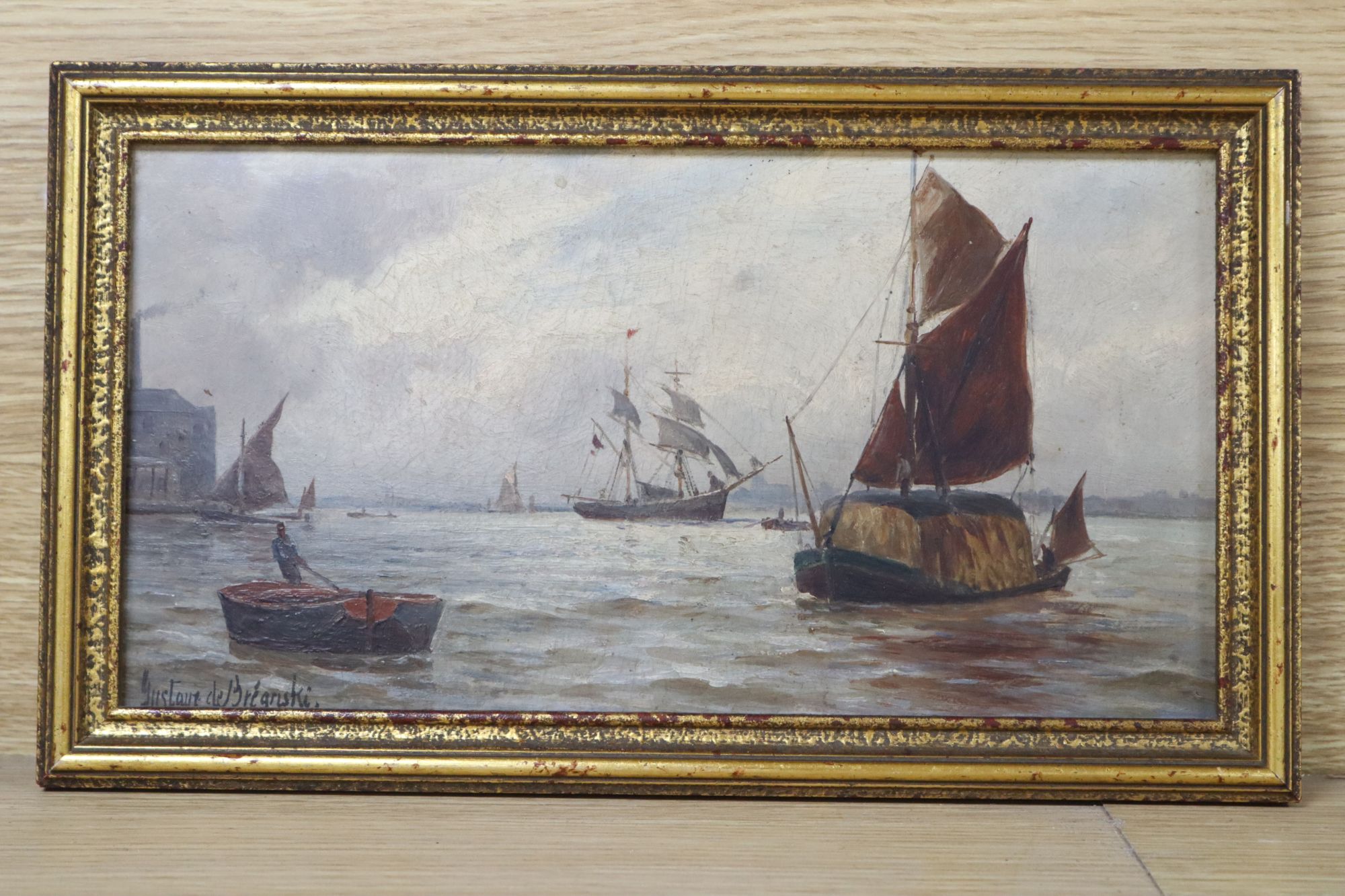 Gustav de Breanski (1856-1898), oil on board, Pool of London, signed, 15 x 29cm